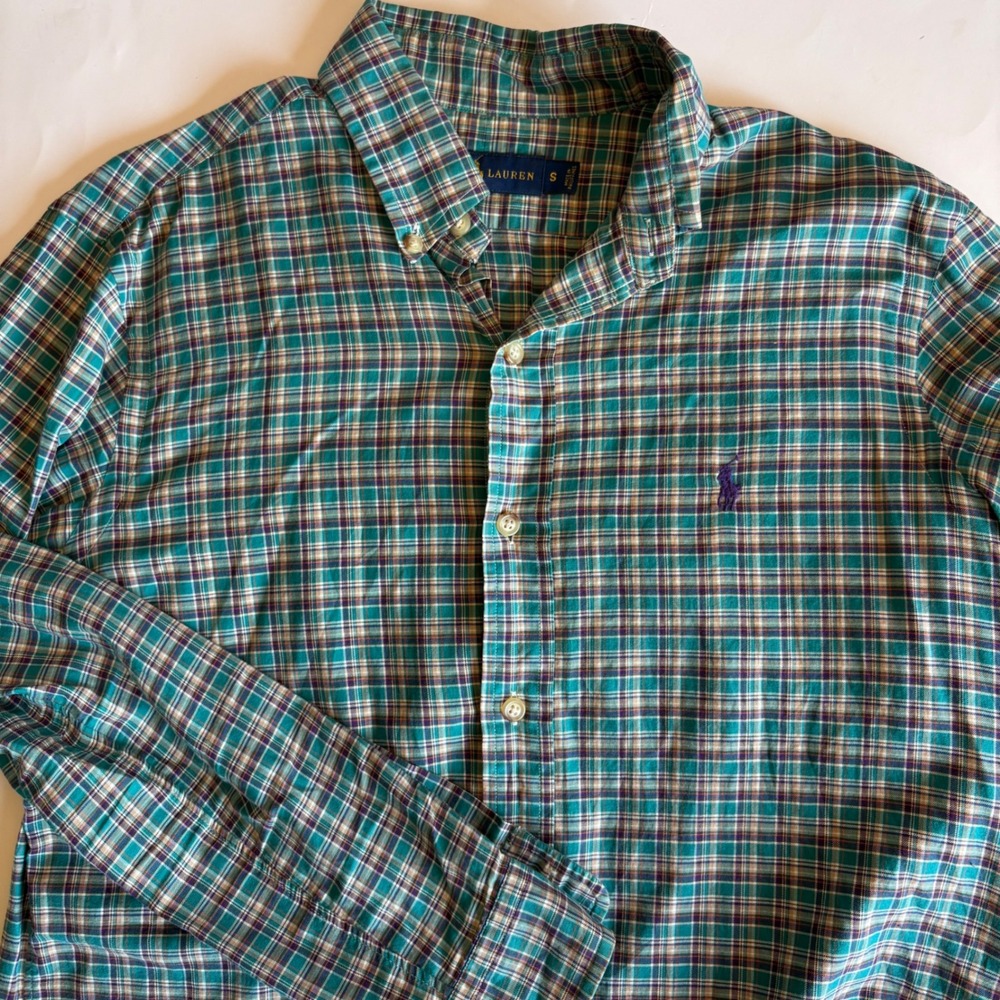 Ralph Lauren Mens Plaid Button Down Shirt Green Plaid Cotton Long Sleeve Small
